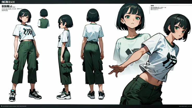 anime girl with fair skin and black short hair. She is wearing a plain white oversized boxy t-shirt and green cargo pants. oversize, character design sheet, sneakers, different poses, different angles.