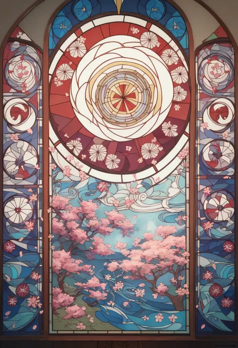 a close up of a  Stained Glass window with a カエル on it,  Stained Glass art,  Stained Glass style,  Stained Glass, maxim verehin  Stained Glass,cherry blossoms,moon, shrine