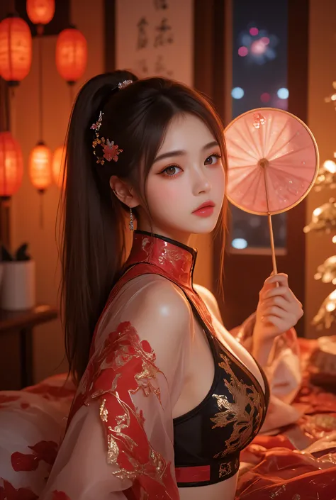 Cat ears、 face up, attractive, pretty girl, ponytail、 (( fine facial features , eroticism)), dramatic lighting , realistic , 8k, Dramatic Shadows , intricate and elaborate patterns , super detailed photo , chiaroscuro lighting , Pleasant colors , deep cont...