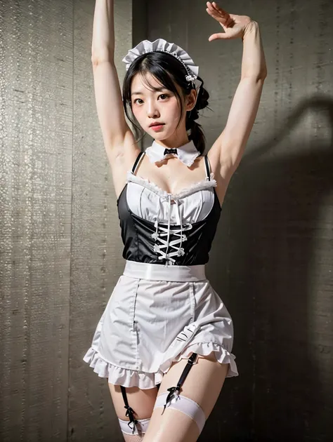  Asian woman in sexy maid clothes,  red face ,  Chest ,   room background,  accurate, โมเดล  room background,   very detailed,    realistic texture  ,   Raising Arms ,  armpits,  Sweaty Body,  simple background,   Legs sticking out of the frame ,   camera ...