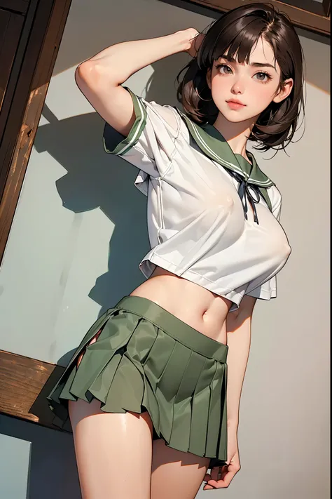 ((Female student coming down stairs )), (( top quality)),  clear , Photo style, ((Shorten your head,  long, slender eyes, Hazel Eyes, round face, Thin eyebrows, Huge G-cup breasts, Thin torso , Strong thighs,  big hips ,  white skin)), ((dark brown ponytai...