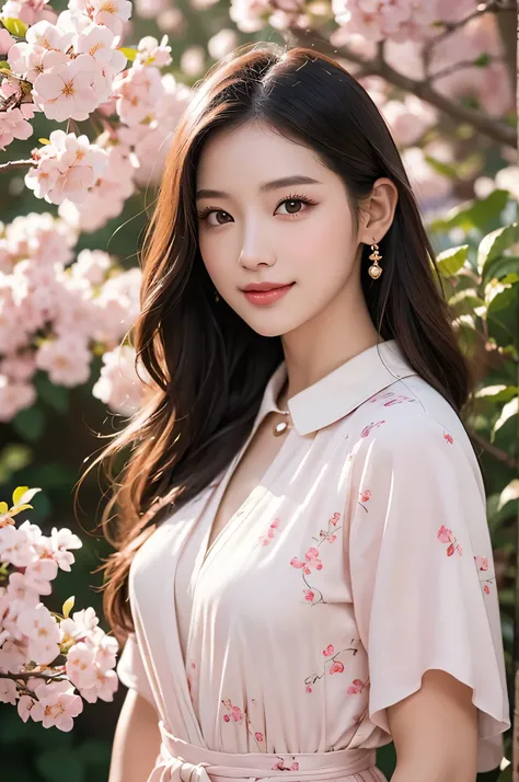 Notification: 1 Girl, gracefully strolling in a pink cherry blossom garden, smiling, pale skin, detailed realistic beautiful woman, light pink dress, slightly floral collar, long curly hair (((Shiny skin))), (((1 Girl))), detailed face, beautiful eyes, bea...