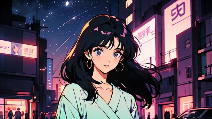 Winter night sky in a vibrant city,  wrapped in shades of purple and black, Buildings are shining ,  young dark-haired woman is standing still,  look up at the sky,  in a vibrant city, her face is wrapped in the soft features of 1980s anime inspirations, L...