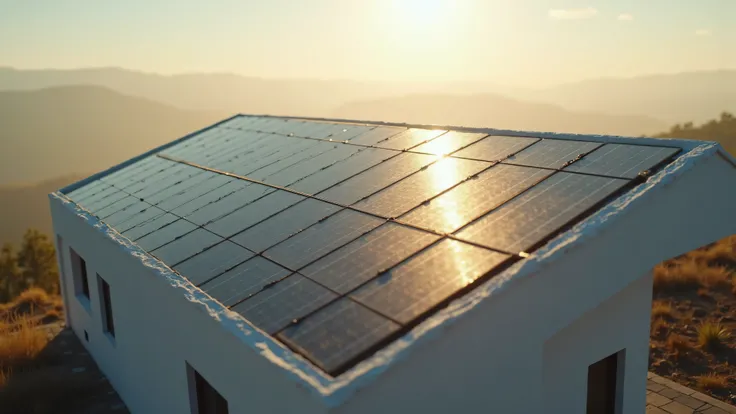 minimalist american model house with solar lots of solar panels on its roof in the morning. RAW, close up, 4K resolution, Cinematic