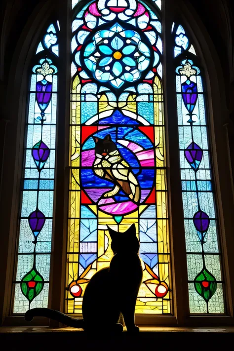 araffe silhouette of a cat in front of a  Stained Glass window,  Eugenius Zack's Mosaic ,   photo by pixabay contest winner  , Art Nouveau, on a  Stained Glass window, maxim verehin  Stained Glass, backlit  Stained Glass,  Cat Silhouettes ,  Stained Glass,...