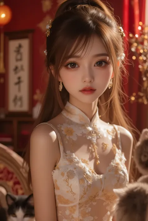 View from up front, Cat ears、 face up, attractive, pretty girl, ponytail、few beautiful lady hair decorations, (( fine facial features , eroticism)), dramatic lighting , realistic , 8k, Dramatic Shadows , intricate and elaborate patterns , super detailed ph...