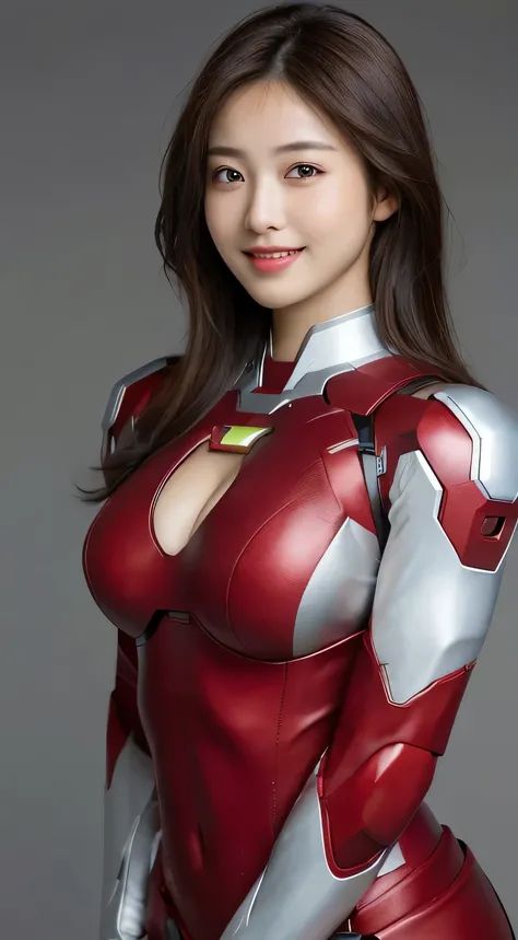 ((Realistic lighting, Highest quality, 8k, masterpiece: 1.3)), Clear focus: 1.2, 1 girl, Perfect Body Beauty: 1.4, Slim Abs: 1.1, ((Dark brown hair, Big Breasts: 1.3)), (Simple gray background: 1.1), Metal Armor)) show breasts, soft round breasts, fair ski...