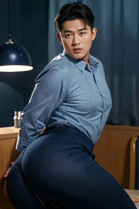 40-year-old boy ,Korean bulky male officer ,Wear navy blue police uniform shirt................ pinstripe navy blue smooth tight trouser, transparent pants obvious underwear print ,((unrealistic super big tight butt wearing pants)), legs wide open, legs on...