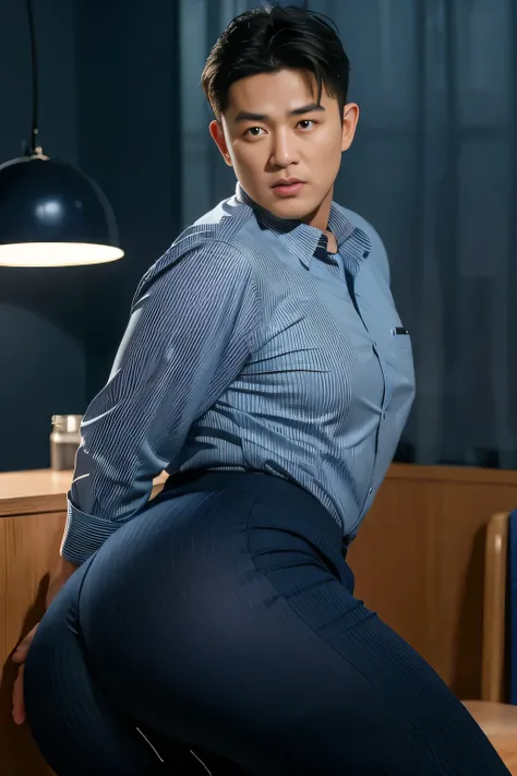 40-year-old boy ,Korean bulky male officer ,Wear navy blue police uniform shirt................ pinstripe navy blue smooth tight trouser, transparent pants obvious underwear print ,((unrealistic super big tight butt wearing pants)), legs wide open, legs on...