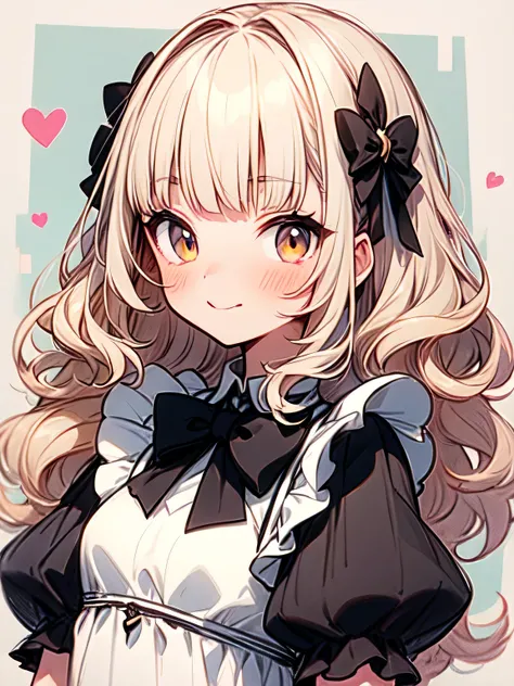 solo,upperbody, pastelpink blonde curly hair,blunt bangs,cute face,brown eyes, white dress and black bow tie, in a dress, small curvaceous , white dress ,lolita portrait, lolita style, frills, magical lolita girl portrait,lolita fashion, frillsy outfit, ro...