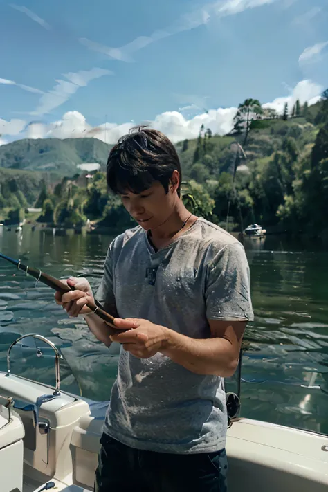 a man with a rod at the boat are doing fishing