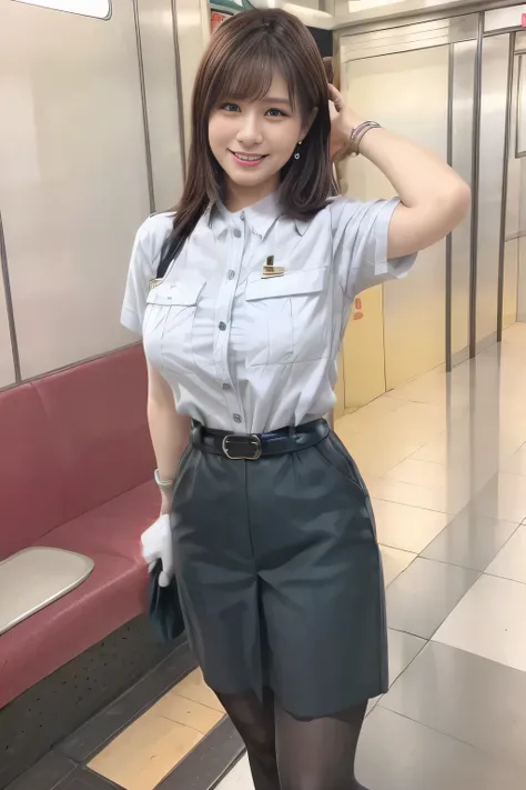 ( Masterpiece:1.2, top quality :1.2), 32kHDR, high resolution, ( alone、 in the seat)、( daytime building rooftop 、 professional lighting)、Building rooftop background、( Tokyo Metro Female Flight Attendant Uniform Lifelike Female 6 )、(Tokyo subway fema...