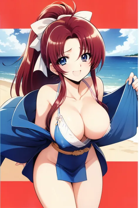 1990s \(  style\), 1990s anime cels   style,   top quality ,   high resolution, (  big eyes:1.2),   in the seat, ,   of pussy is embarrassing, smile, (Big Breasts:1.2),  ponytail、Dark brown hair、dark brown long hair、  cleavage、 Pink Nipples、 cowboy shootin...