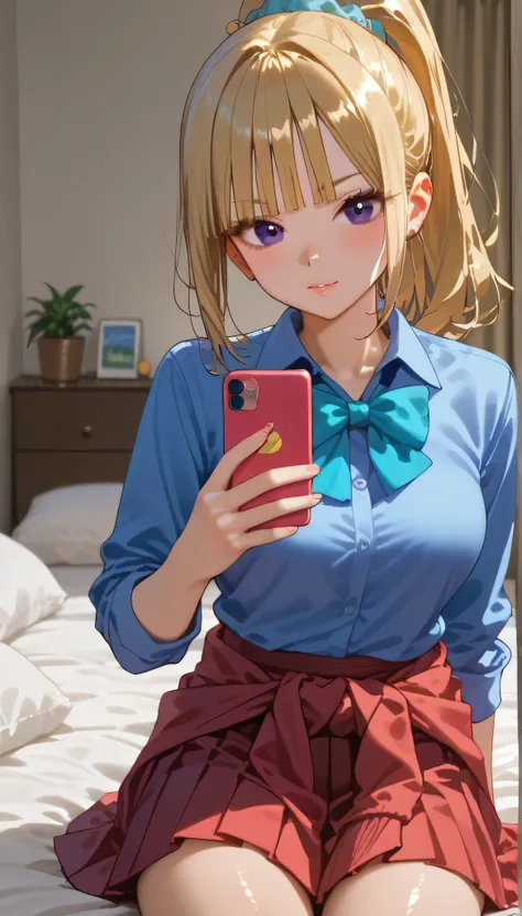 score_9,score_8_up,score_7_up, shiny skin, solo, 1girl, KeiKaruizawa, karuizawa, 1girl, blonde hair, ponytail hairstyle, blue scrunchie, blunt bangs, purple eyes, violet eyes, light blue shirt, collared shirt, bowtie, clothes around waist, pleated skirt, r...