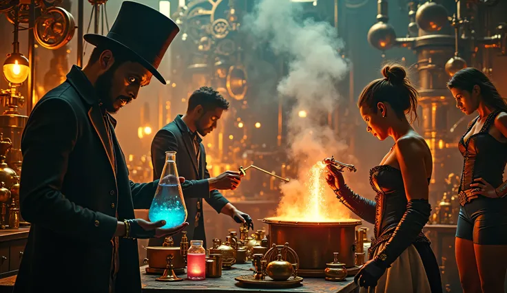 "A stunning cinematic poster featuring a grand steampunk laboratory filled with brass gears, intricate machinery, and glowing tubes. In the foreground, a mysterious steampunk engineer wearing a top hat and green goggles carefully handles a glowing blue liq...