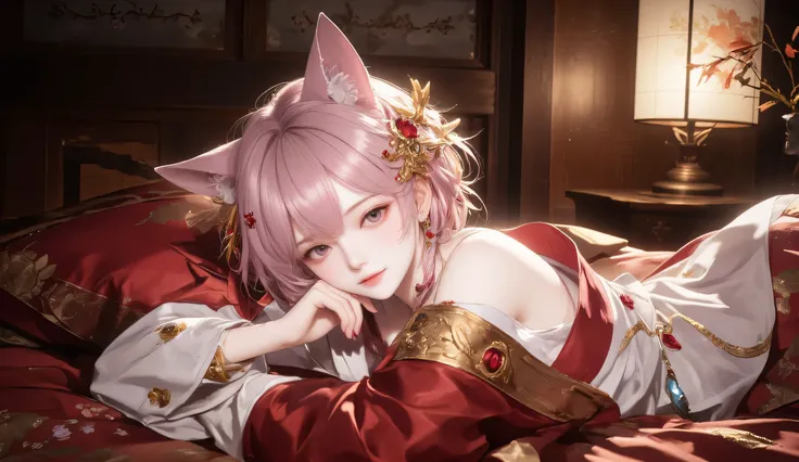 A beautiful anime-style girl with fox-like ears and pink hair, lying on a luxurious bed with a soft, silk red blanket. Her golden accessories with gemstone details shimmer in the dimly lit room. She gazes softly with deep pink eyes, her expression calm yet...