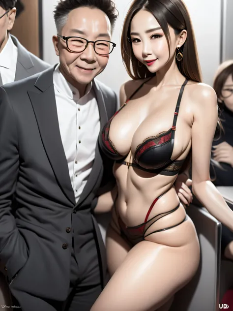 A beautiful woman wearing revealing lingerie hugged and kissed her elderly husband hugged in the crowded crowd, UHD, masterpiece, textured skin, super detail, best quality, 8k.