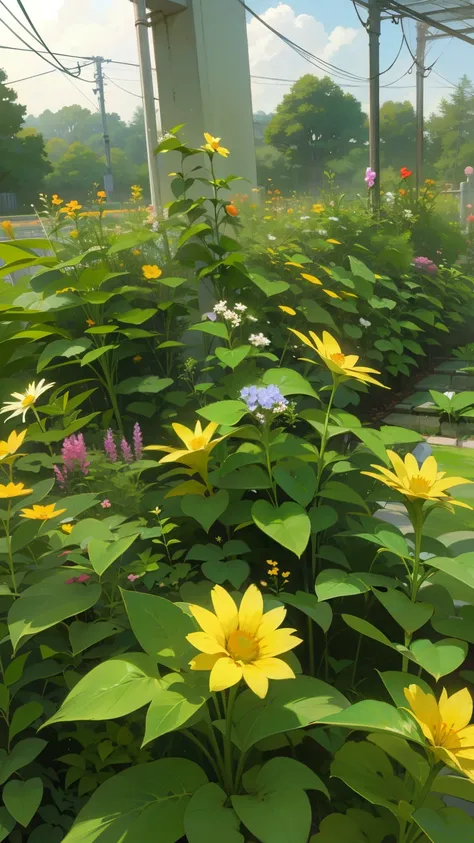 Green and yellow garden shined by daylight in the afternoon with anime style