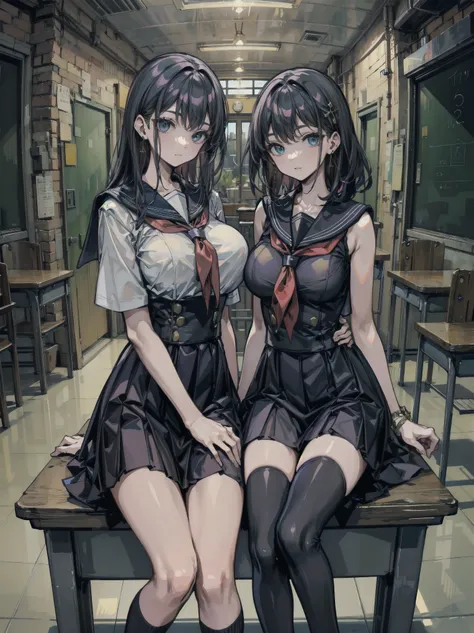 earring, narrow waist, black hair, big breasts, cowboy shot, indoor,sitting, school uniform, sailor uniform, sleeveless,