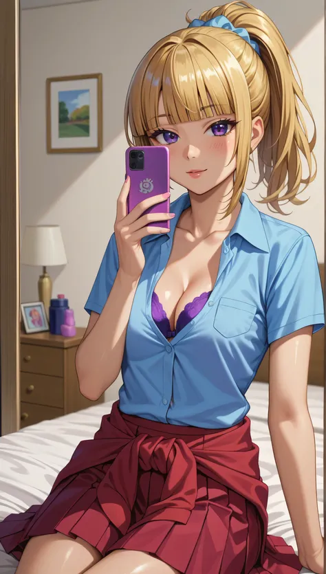 score_9,score_8_up,score_7_up, shiny skin, solo, 1girl, KeiKaruizawa, karuizawa, 1girl, blonde hair, ponytail hairstyle, blue scrunchie, blunt bangs, purple eyes, violet eyes, light blue shirt, collared shirt, bowtie, clothes around waist, pleated skirt, r...