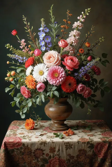 masterpiece composition bouquet of flowers in a vase on an embroidered tablecloth on an old wooden table and a price falls to the side