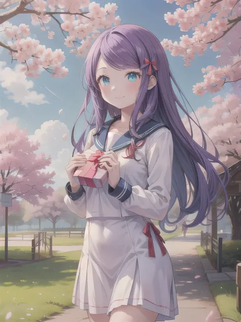 A stunningly beautiful 20-year-old woman stands in a lush green park full of cherry blossoms in full bloom under a clear blue sky. She is wearing a classic sailor uniform and holds a neatly wrapped gift box with a red ribbon in both hands in front of her c...