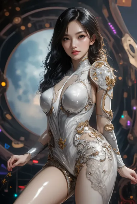 Portrait of a Japanese female android in her mid-twenties made of white and silver transparent glass and translucent reinforced plastic, (Female android fighting in space war), (Fantasy art), Geisha makeup, black hairstyle, bewitching, sexy, erotic, accura...