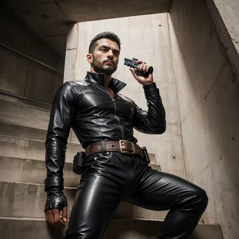 40 years old,  One Man,、  black bodysuit、Shocker Belt、 Black gloves 、  is carrying a pistol on my waist 、During combat、outside、  On concrete  、logic, ,   black hair、 short hair。  very short hair 、 Ekin Mert Daymaz。　   sniper   、Prey-Aiming Posture  、  and ...