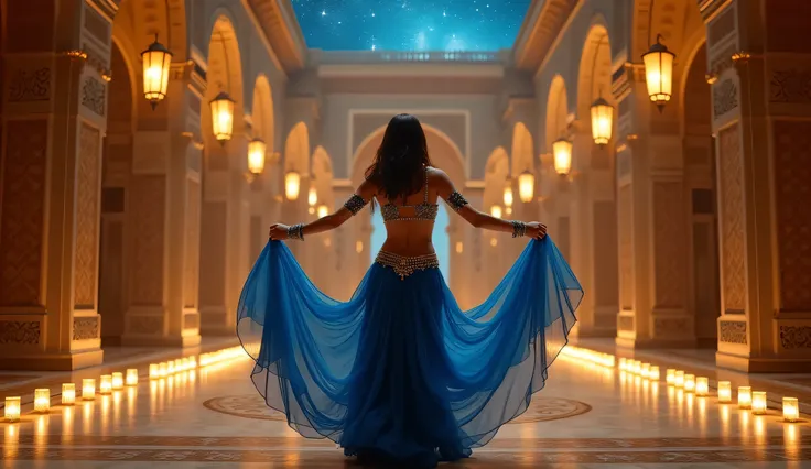 "A mesmerizing belly dancer performs in an opulent Arabian palace, illuminated by the flickering light of golden lanterns. She wears a deep sapphire-blue costume embroidered with gold, with sheer veils cascading from her arms. The grand hall is adorned wit...