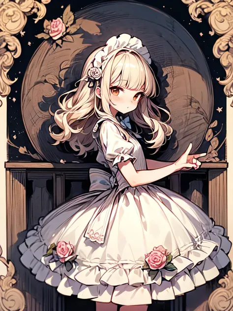 sideview,looking at viewer,Alone,upperbody:0.6, pastelpink blonde curly long hair,blunt bangs,cute face,brown eyes, white dress and bow tie, in a dress, small curvaceous,(offshoulder),white lolita dress ,lolita portrait, lolita style, frills, magical lolit...