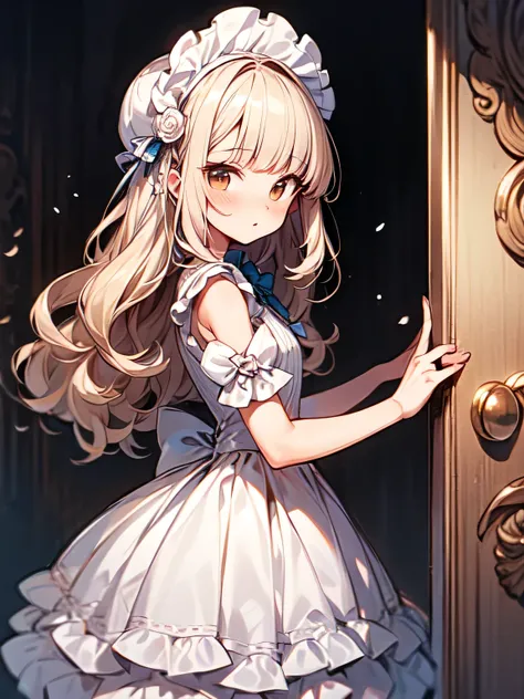 sideview,looking at viewer,Alone,upperbody:0.6, pastelpink blonde curly long hair,blunt bangs,cute face,brown eyes, white dress and bow tie, in a dress, small curvaceous,(offshoulder),white lolita dress ,lolita portrait, lolita style, frills, magical lolit...