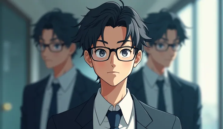 create a hyper-detailed, 8K, anime-friendly looking male business character around 30 years of age, who is wearing glasses, with medium-length hair looking seeing himself in 3 mirrors, one has a reflection of himself at 25 years, second mirror has a reflec...