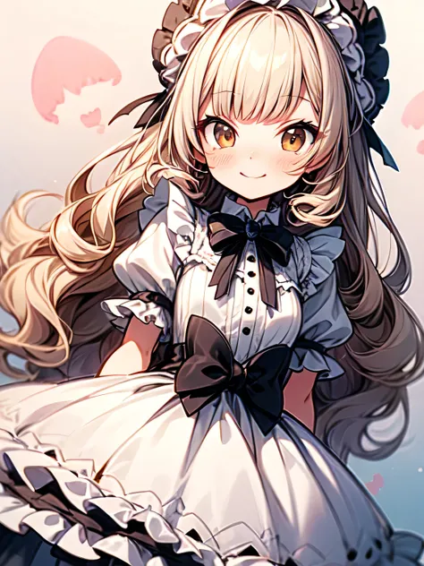 dutch angle,looking at viewer,solo,upperbody:0.6, pastelpink blonde curly long hair,blunt bangs,cute face,brown eyes, white dress and bow tie, in a dress, small curvaceous,(offshoulder),white lolita dress ,lolita portrait, lolita style, frills, magical lol...