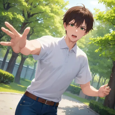 reaching out, masterpiece, best quality, Japanese manga style, upper body, (25 year old male: 1.5) and (short brown hair) and (green eyes), break (white polo shirt) and (jeans) break angry, open mouth, in the park, alone, standing,
