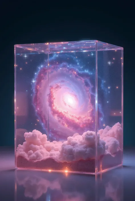 Square Glass Case 、 The Universe Expanding Inside the Box、Milky Way、 pink universe、pink stars 々、glitter,Transparency, Fantastic、pink, pastel、reality,photograph、 high resolution,  top quality, 