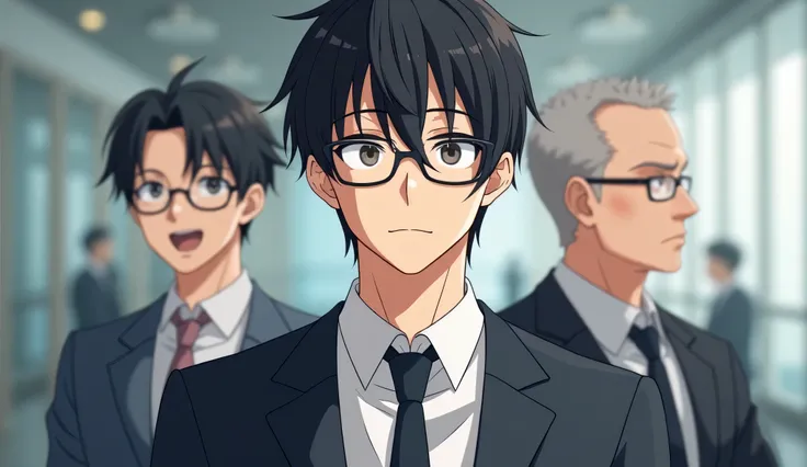 create a hyper-detailed, 8K, anime-friendly looking male business character around 30 years of age, who is wearing glasses, with medium-length hair, behind him on the left is an anime-friendly looking male business character around 40 years of age, who is ...