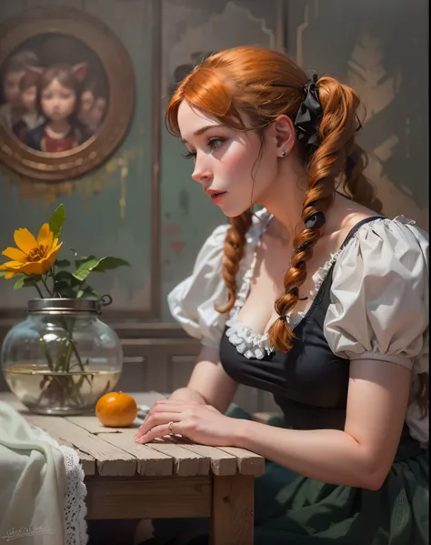 Oil painting is a pictorial portrait in a style reminiscent of magical realism. In the center of the painting is a beautiful big breast young woman with red hair gathered in two pigtails. She is dressed in a black dress with a white collar and cuffs. The g...