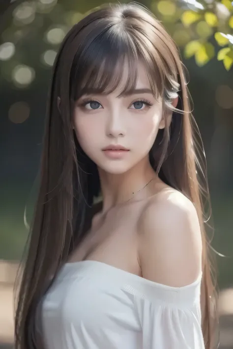 1girl in, ***19, Solo, Super long straight hair, Colossal , Looking at Viewer, ((shiny light dark hair))、Messy bangs between beautiful eyes、de pele branca、Beautiful skin、glowy skin、Gloss Face、Teak Gloss、Bare shoulders, jewely, Full body, (Very detailed 8k ...