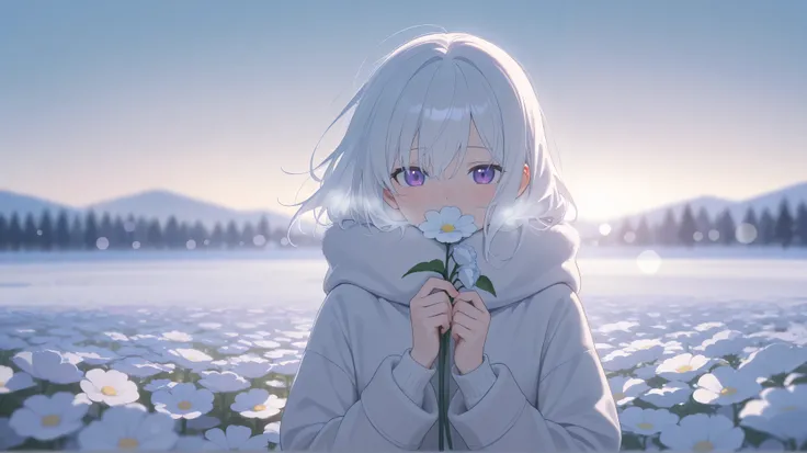  masterpiece, top quality ,  high resolution, ,I&#39;m in a flower field, White hair color, comments,  purple eyes , winter, fantastic background around the face, bokeh, Japanese illustration style