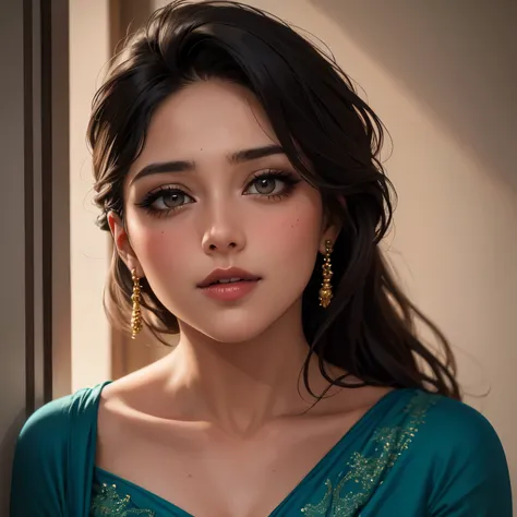 sexy woman, intense gaze, seductive expression, flawless complexion, mesmerizing eyes, luscious lips [sexy, attractive], voluminous hair, neatly styled, flowing locks [60:1.1/40:0.9], sultry attire, blue saree [sexy, eye-catching, vibrant], low-waist saree...