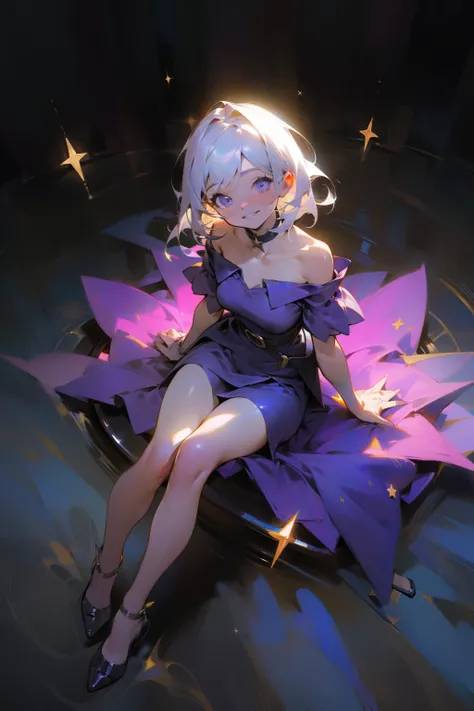 1 girl, 1 girl, smile, smile, hope, fantastic expression, masterpiece, highest quality, high resolution, composition seen from above, 1 girl, 1 girl, silver hair, purple dress, black belt, Black stockings, black heels, off-the-shoulder, dark background, co...