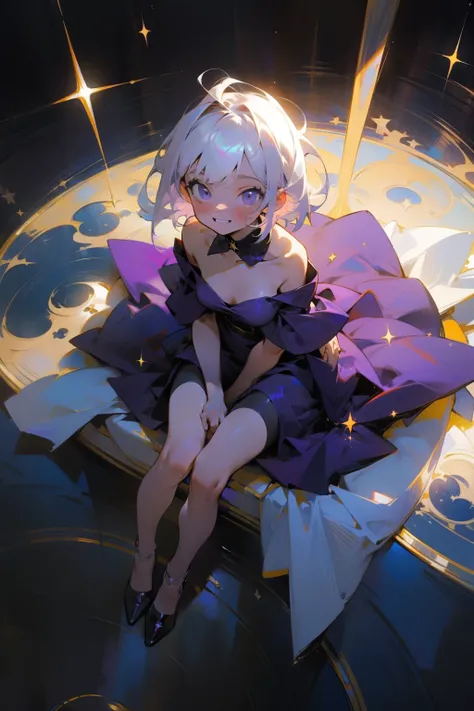 1 girl, 1 girl, smile, smile, hope, fantastic expression, masterpiece, highest quality, high resolution, composition seen from above, 1 girl, 1 girl, silver hair, purple dress, black belt, Black stockings, black heels, off-the-shoulder, dark background, co...