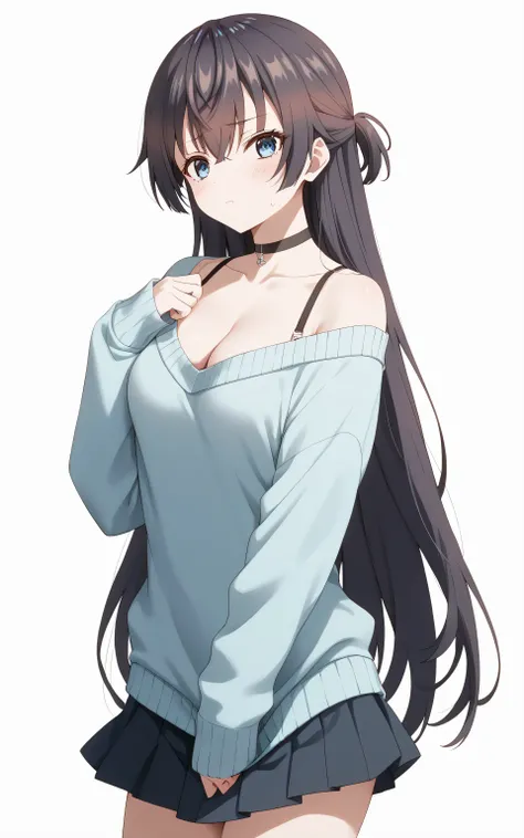 upper body, Yuki suou,  anime style, Random Sexy pose , ((Ultra detailing)), (very aesthetic, best quality, ultra detailed), intricate details,
1girl, Long hair,  blue eyes, sharp jawline, long hair, shy, medium breast, wearing sweater, cleavage, skirt, ch...