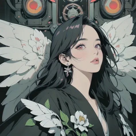 ((( Masterpiece,  top quality )))、(((32K Wallpaper)))、  woman with mechanical wings 、 perfect face in the room 、 detail hair to lick your ass 、 headshot  、Lots of white flowers、Gorgeous light leaks、(((  Black Cloth Robe )))、Fairy 、(((  detailed and complex...