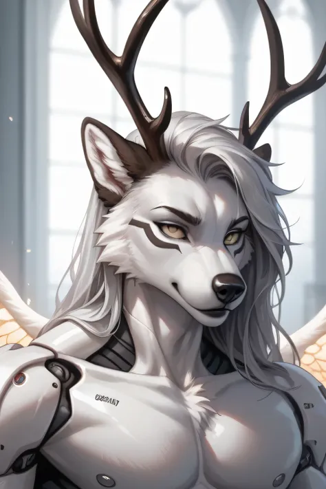 ((Furry)), ((cyborg: 1.1)), ((white wolf face: 1.2)), ((white face: 1.1)), ((angelic wings)), ((cyborg arms: 0.9) ) (((white arms: 1.3))), ((silver hair)), (long hair: 1.1), (shaved hair: 1.1), (disheveled hair), ((prosthetic neck) ), ((black neck) ), ((ch...