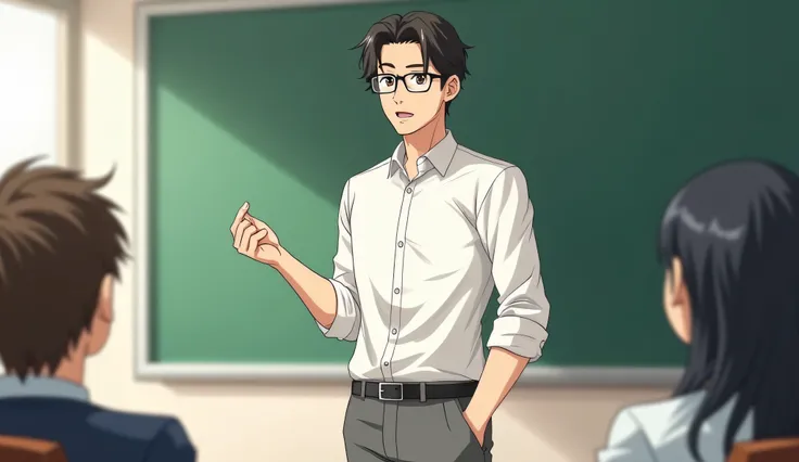 An anime-friendly looking male business character 30 years old who is wearing glasses, with medium-length hair, wearing a white button-up shirt with rolled-up sleeves and gray slacks. he is in class teaching others