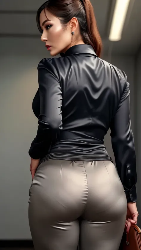 (Highest quality, 8k, 32K, masterpiece, Ultra-high resolution:1.2), One girl, (stunning old lady), Tight waist, grey suit, White shirt, office lady, suit, satin pants, From side, Office Room, machine, (Protruding buttocks wearing pants:1.2), Detailed face,...