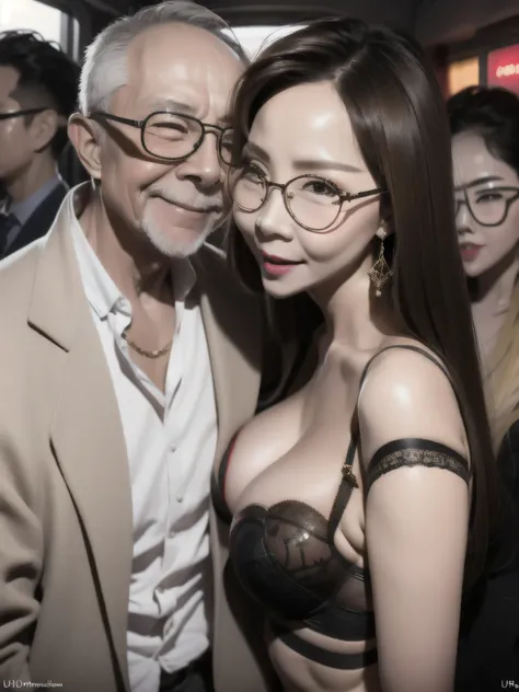 A beautiful woman wearing revealing lingerie is making out with her elderly husband in the crowded crowd, UHD, masterpiece, textured skin, super detail, best quality, 8k.