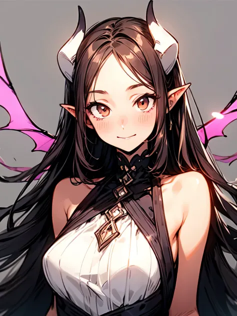 solo,upperbody:0.6,looking at viewer,brown thin straight long hair,forehead,cute face,brown eyes,(sexy succubus costume), detailed wings, demon horns, seductive pose, glowing eyes, long flowing hair, gothic outfit ,( manga style),(sketch),(illustration), M...