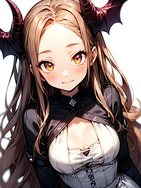 dutch angle,solo,upperbody:0.6,looking at viewer,brown thin straight long hair,forehead,cute face,brown eyes,(sexy succubus costume), detailed wings, demon horns, seductive pose, glowing eyes, long flowing hair, gothic outfit ,white background,( manga styl...